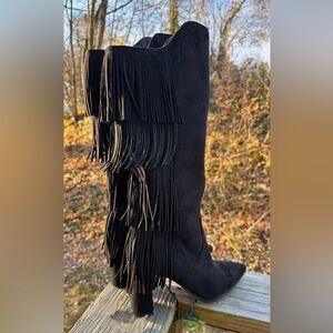 INC Womens Yomesa Fringe Pointed Toe Boots Black Size 9 Side Zip NWOB